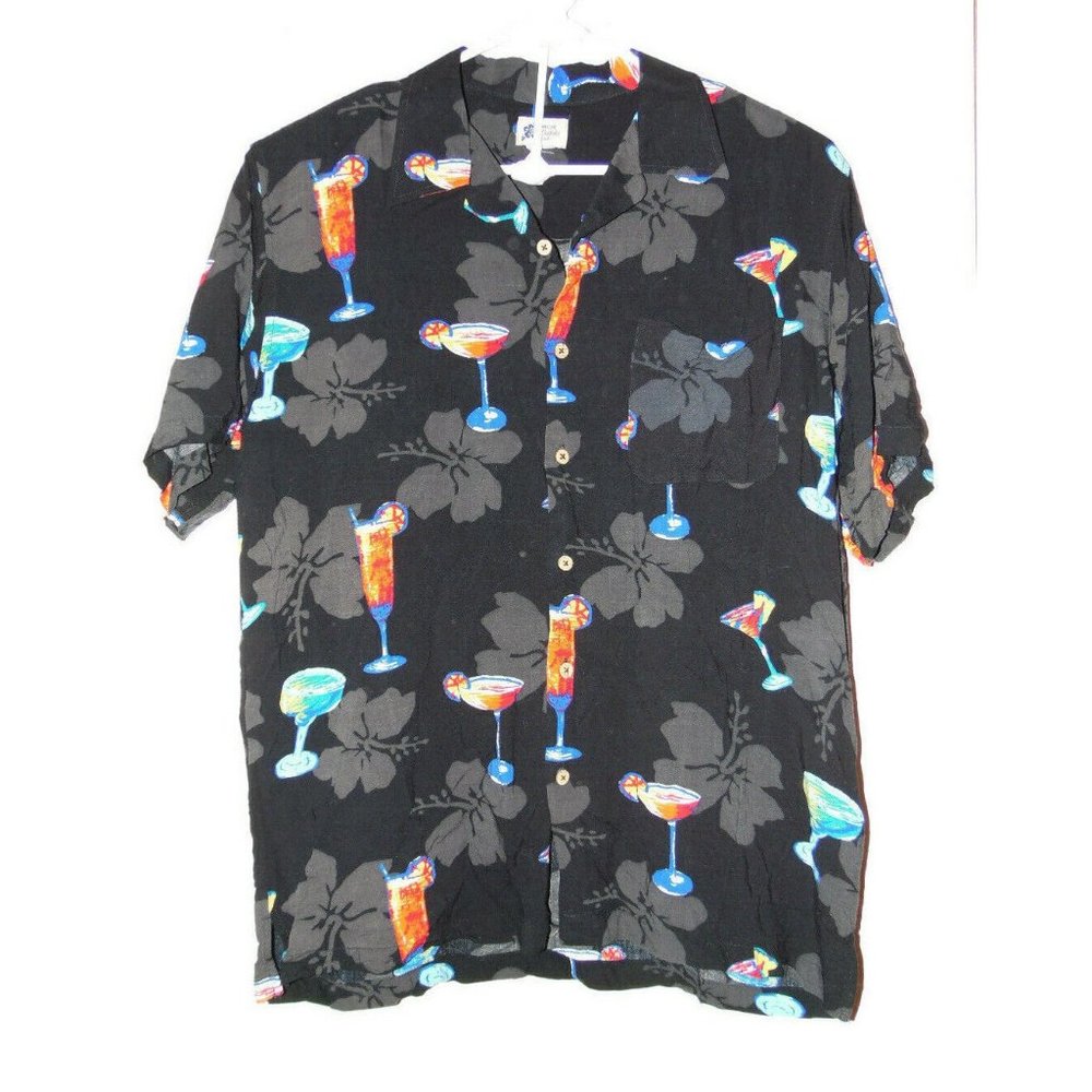Cherokee Waikiki Wear Hawaiian Style Shirt, Black w/ Mixed Drinks